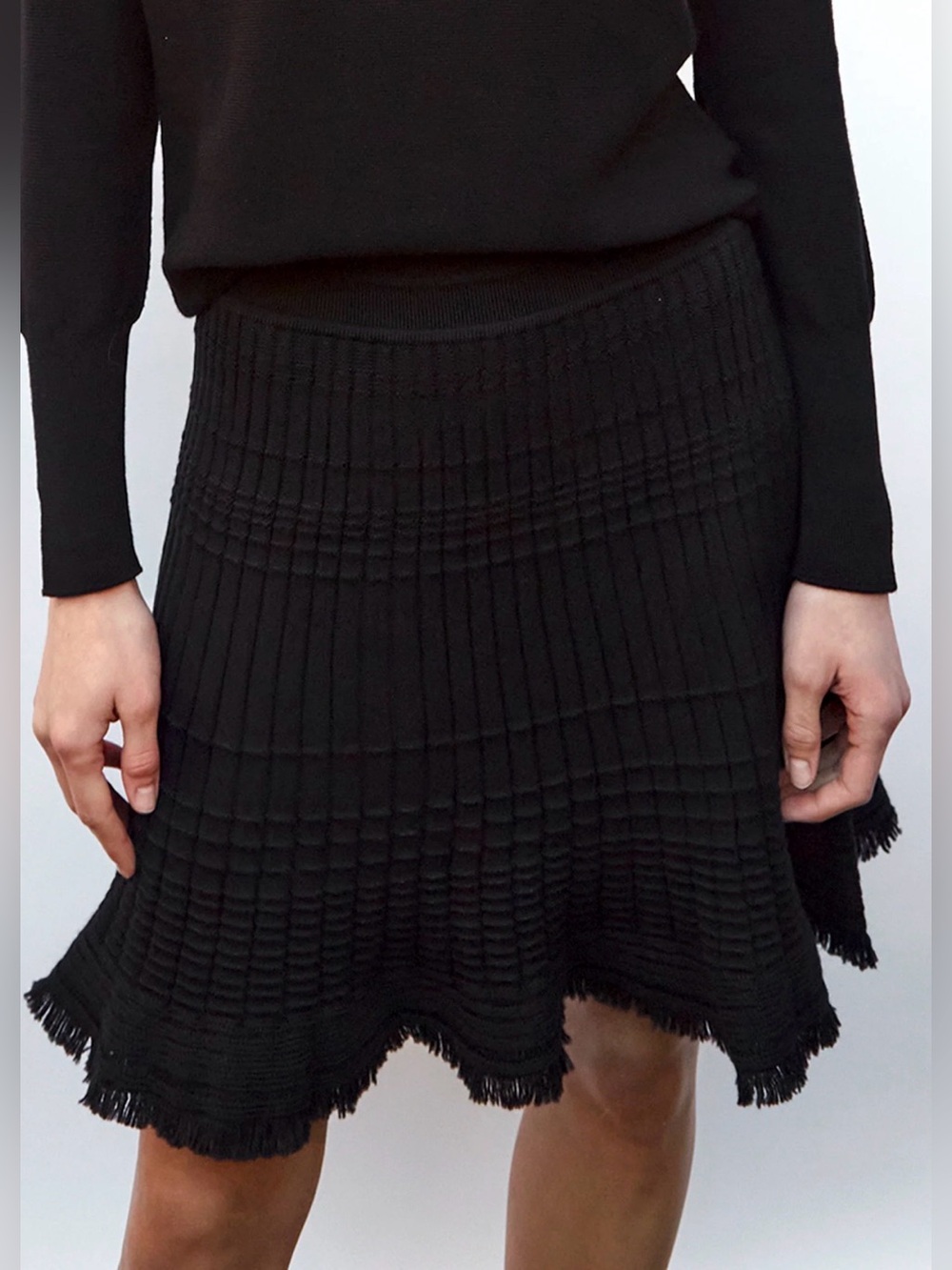Molli Black Merino Wool Knit Mini Skirt Fringe Hem in Deep Black NWT M